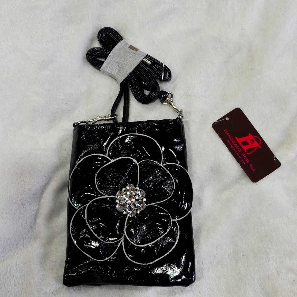Metallic Black 🌸 Rhinestone  Flower  Crossbody Bag NWT
